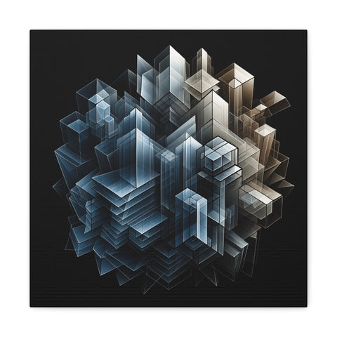 A canvas featuring an abstract design that resembles a three-dimensional cluster of overlapping geometric buildings in varying shades of blue and brown on a black background.