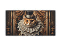 A canvas art featuring an anthropomorphized cat dressed in an elegant Victorian outfit with a top hat and intricate lace collar posed regally against a lavish backdrop with columns and drapery.