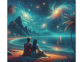 A canvas art piece depicting a couple sitting by a serene beach under a fantastical night sky filled with swirling galaxies, planets, and starlight.