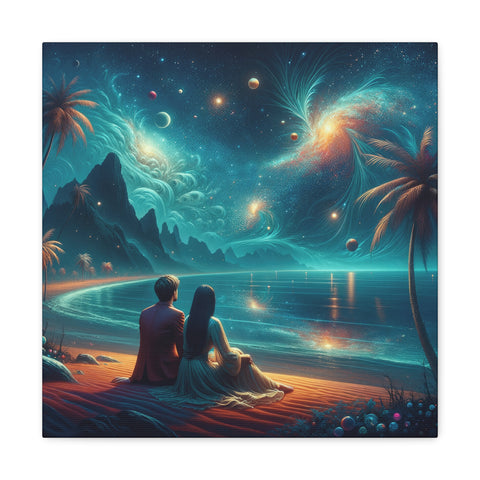 A canvas art piece depicting a couple sitting by a serene beach under a fantastical night sky filled with swirling galaxies, planets, and starlight.