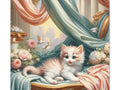 A canvas art featuring an adorable fluffy kitten sitting leisurely amidst luxurious draped fabrics, elegant pillars, and an array of flowers with doves in flight in the soft-lit background.