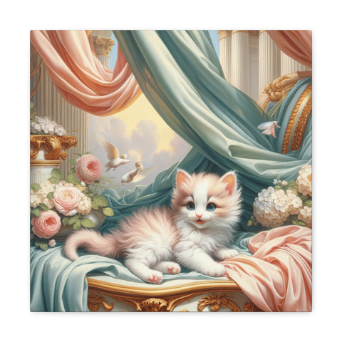 A canvas art featuring an adorable fluffy kitten sitting leisurely amidst luxurious draped fabrics, elegant pillars, and an array of flowers with doves in flight in the soft-lit background.