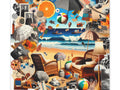 A canvas art piece featuring a collage of various images ranging from vintage photographs, beach scenes, and floral patterns to everyday objects like cameras and umbrellas, all layered in a dynamic and colorful composition.