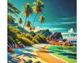 A vibrant canvas art piece depicting a colorful tropical beach scene with tall palm trees, striking rock formations, and a serene blue sky.