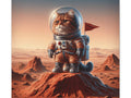 A whimsical canvas art piece featuring an orange tabby cat wearing an astronaut suit and standing on a rocky Martian landscape, holding a flag.