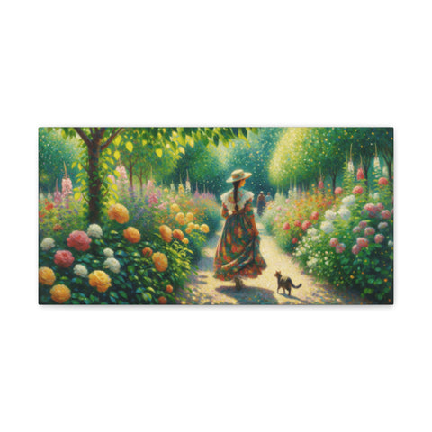 A canvas art depicting a vibrant garden pathway lined with lush, colorful flowers and a woman in a sun hat walking with a small dog.