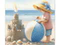 A canvas art depicting a young child in a yellow hat decorating a large beach ball, with a detailed sandcastle and scattered seashells in the foreground, and the ocean horizon in the background.