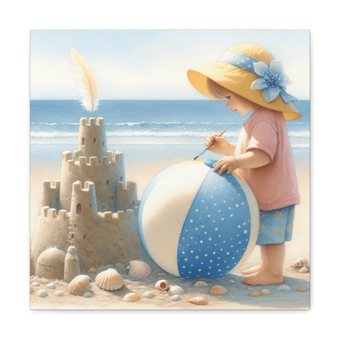 A canvas art depicting a young child in a yellow hat decorating a large beach ball, with a detailed sandcastle and scattered seashells in the foreground, and the ocean horizon in the background.