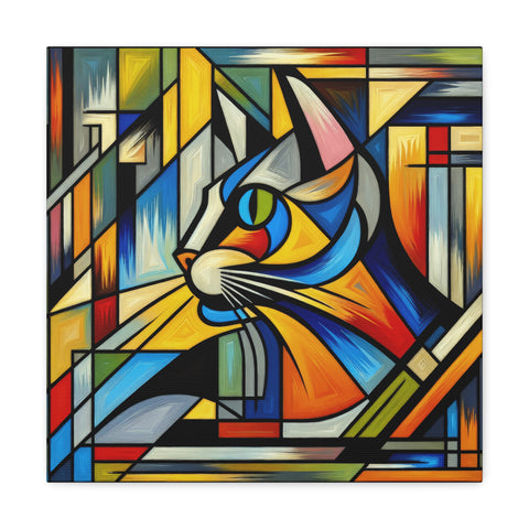 A vibrant, geometric canvas art piece featuring a stylized, colorful cat's face against an abstract, cubist-inspired background.