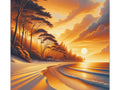 A canvas art depicting a serene sunset with golden hues reflecting on a tranquil beach framed by silhouetted trees and clouds.