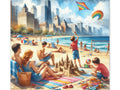 A vibrant canvas art depicting a lively beach scene with people engaged in various activities such as building a sandcastle, flying a kite, and enjoying the sun, with a backdrop of a city skyline and scattered clouds above.