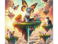 This canvas art features a fantastical scene with a variety of cats on floating islands amid a sky with butterflies, evoking a dreamy and whimsical atmosphere.