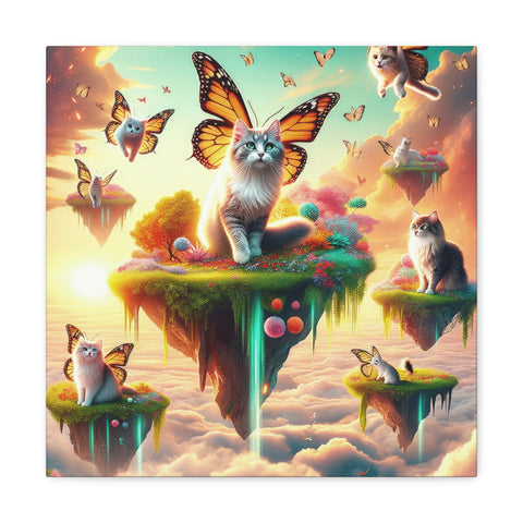 This canvas art features a fantastical scene with a variety of cats on floating islands amid a sky with butterflies, evoking a dreamy and whimsical atmosphere.