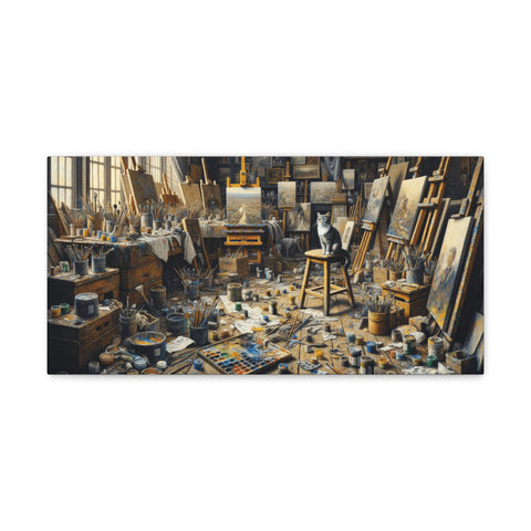 A canvas art depicting a highly detailed and cluttered artist's studio with numerous tools, paints, and canvases, and a cat sitting on a stool in the center.