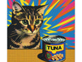 A pop art style canvas featuring a close-up image of a cat with vibrant blue and yellow rays in the background, alongside an illustrated can of tuna.