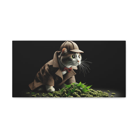 A canvas art depicting an anthropomorphized cat dressed as a detective, examining a pile of green leaves on a dark background.