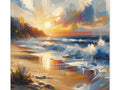 An impressionistic canvas art piece depicting a vibrant beach scene with a setting sun reflecting on the water and dynamic brush strokes capturing the motion of the waves.