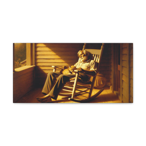 A canvas art depicting a person relaxing in a rocking chair on a sunny porch, bathed in warm golden light.