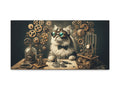 A canvas art depicting a whimsical steampunk scene with a white fluffy cat wearing goggles and a bow tie surrounded by gears and mechanical devices.