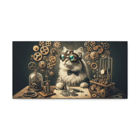 A canvas art depicting a whimsical steampunk scene with a white fluffy cat wearing goggles and a bow tie surrounded by gears and mechanical devices.