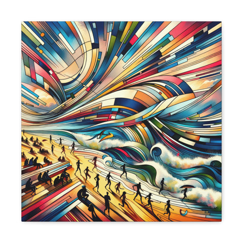 A vibrant canvas art featuring abstract waves of colors with silhouetted figures and dynamic lines suggesting movement and energy.