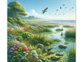 A tranquil canvas art depicting a vibrant wetland scene with lush foliage, colorful flowers, a variety of birds in flight, and a serene river meandering into the distance.