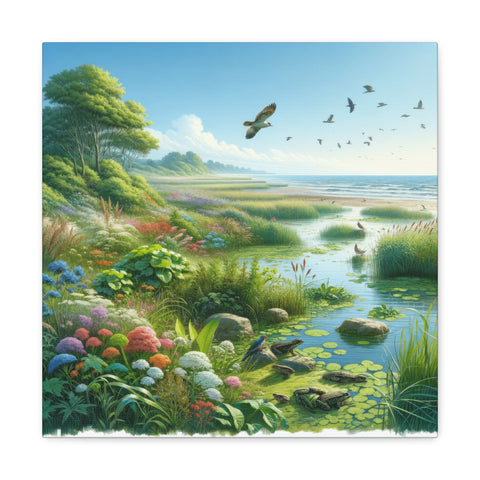 A tranquil canvas art depicting a vibrant wetland scene with lush foliage, colorful flowers, a variety of birds in flight, and a serene river meandering into the distance.