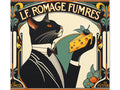 A canvas art depicting a stylized black and white cat dressed in a suit and bow tie, holding a block of cheese with a mouse on top, surrounded by an ornate Art Nouveau-inspired frame and the words "Le Fromage Fuméres."
