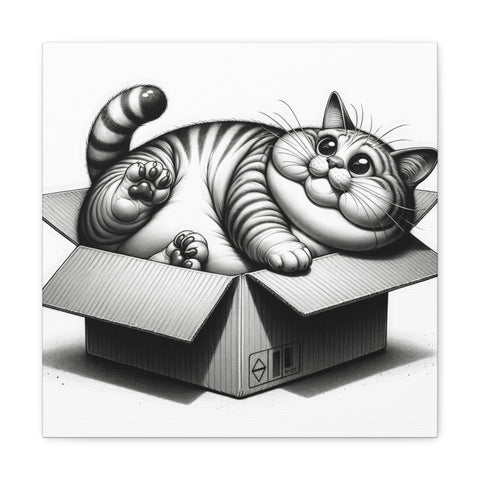 A playful monochrome canvas art featuring a chubby cartoon cat gleefully lying on its back inside a cardboard box.