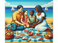 A colorful canvas art depicting a family enjoying a picnic by the sea with a spread of fruits and sandwiches, set against a backdrop of sailboats and the horizon.