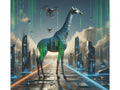 A canvas art depicting a digital giraffe composed of blue luminescent patterns standing amidst a futuristic cityscape with flying drones and cascading data streams.