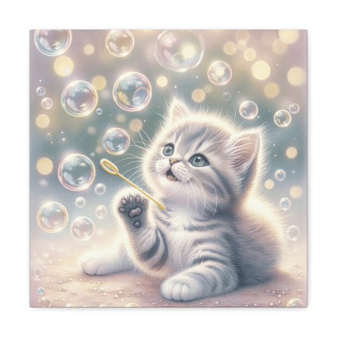 A canvas depicting an adorable kitten with striking blue eyes, playfully reaching out towards floating soap bubbles against a soft, dreamy background.