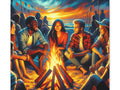 A vibrant canvas art depicting a diverse group of friends enjoying a bonfire on the beach at sunset.