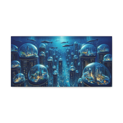 A canvas art depicting an imaginative underwater city with futuristic dome structures and marine life swimming around.