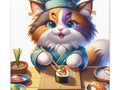 A whimsical canvas art piece featuring a cartoon cat dressed as a sushi chef, holding chopsticks and preparing sushi with a variety of ingredients laid out on a bamboo mat.