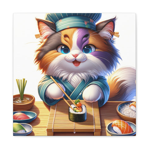 A whimsical canvas art piece featuring a cartoon cat dressed as a sushi chef, holding chopsticks and preparing sushi with a variety of ingredients laid out on a bamboo mat.