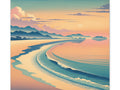 A canvas art depicting a stylized sunset scene with warm hues over a serene beach with waves gently lapping at the shore and mountain silhouettes in the background.