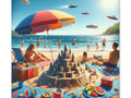 A vibrant canvas art depicting a sunny beach scene with people relaxing, a detailed sandcastle, colorful umbrella, a picnic, and flying saucers in the sky.