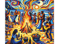 A vibrant canvas art depicting a lively beach scene with people dancing around a bonfire, a musician playing guitar, and individuals enjoying food, all stylized with swirling patterns and bold colors reminiscent of Van Gogh's Starry Night.