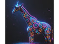 A vibrant canvas art piece depicting a neon-lit, colorful giraffe against a starry night background.