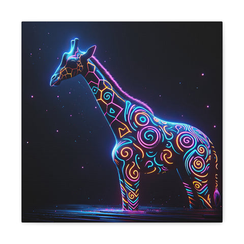 A vibrant canvas art piece depicting a neon-lit, colorful giraffe against a starry night background.