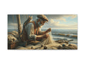A canvas art depicting an elderly fisherman repairing a net on a boat with a cat on his shoulder, set against a serene ocean backdrop with soft, warm lighting.