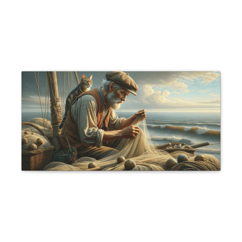 A canvas art depicting an elderly fisherman repairing a net on a boat with a cat on his shoulder, set against a serene ocean backdrop with soft, warm lighting.