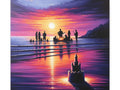 A canvas art depicting a vibrant beach scene at sunset with silhouettes of people gathered around a fire and reflections on the water, with a sandcastle in the foreground.