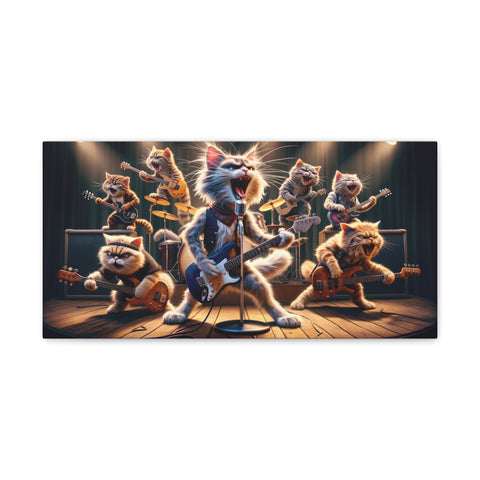A canvas art depicting an animated cat band performing with various instruments on a stage under dramatic lighting.