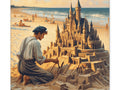A person is crouched on a sandy beach constructing an elaborate and detailed sandcastle that resembles a fairytale palace on a canvas artwork.