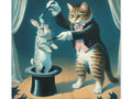 A whimsical canvas art depicting an anthropomorphized cat dressed as a magician holding a wand, with a surprised rabbit emerging from a top hat, against a backdrop of an audience's silhouetted heads.