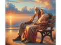 An elderly couple sits peacefully on a bench overlooking a sunset at the beach on this emotive canvas art.