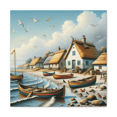 A serene canvas art depicting a coastal scene with thatched-roof cottages, wooden boats on the shore, and seagulls flying above against a clear blue sky.