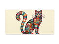 A vibrant and ornately patterned canvas art featuring an abstract, colorful cat standing against a neutral background.